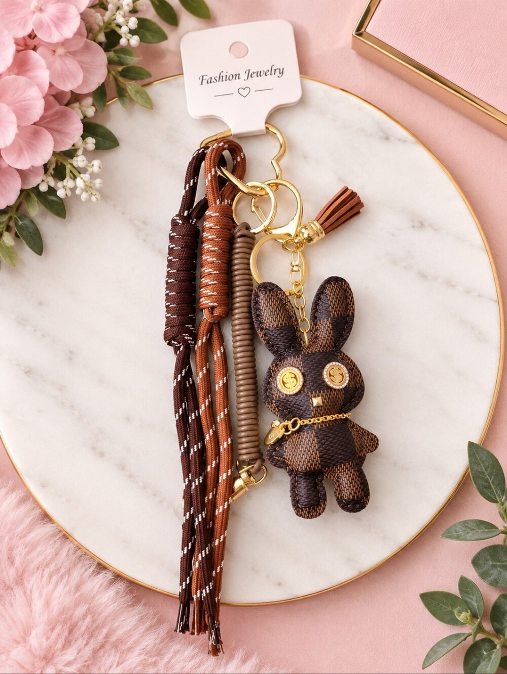 Fashion Jewelry Brown Bunny Tassel Keychain with Gold Accents